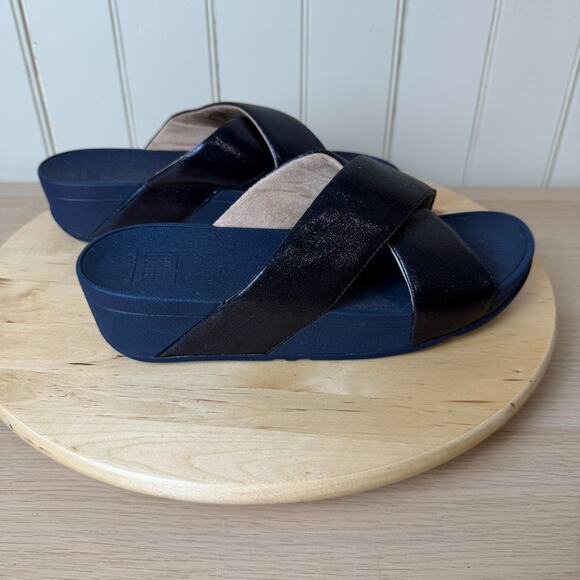 FitFlop NWOBox Womens Lulu Cross Glitz Slide Shoe Navy Blue Metallic 9M Comfort - Picture 6 of 14